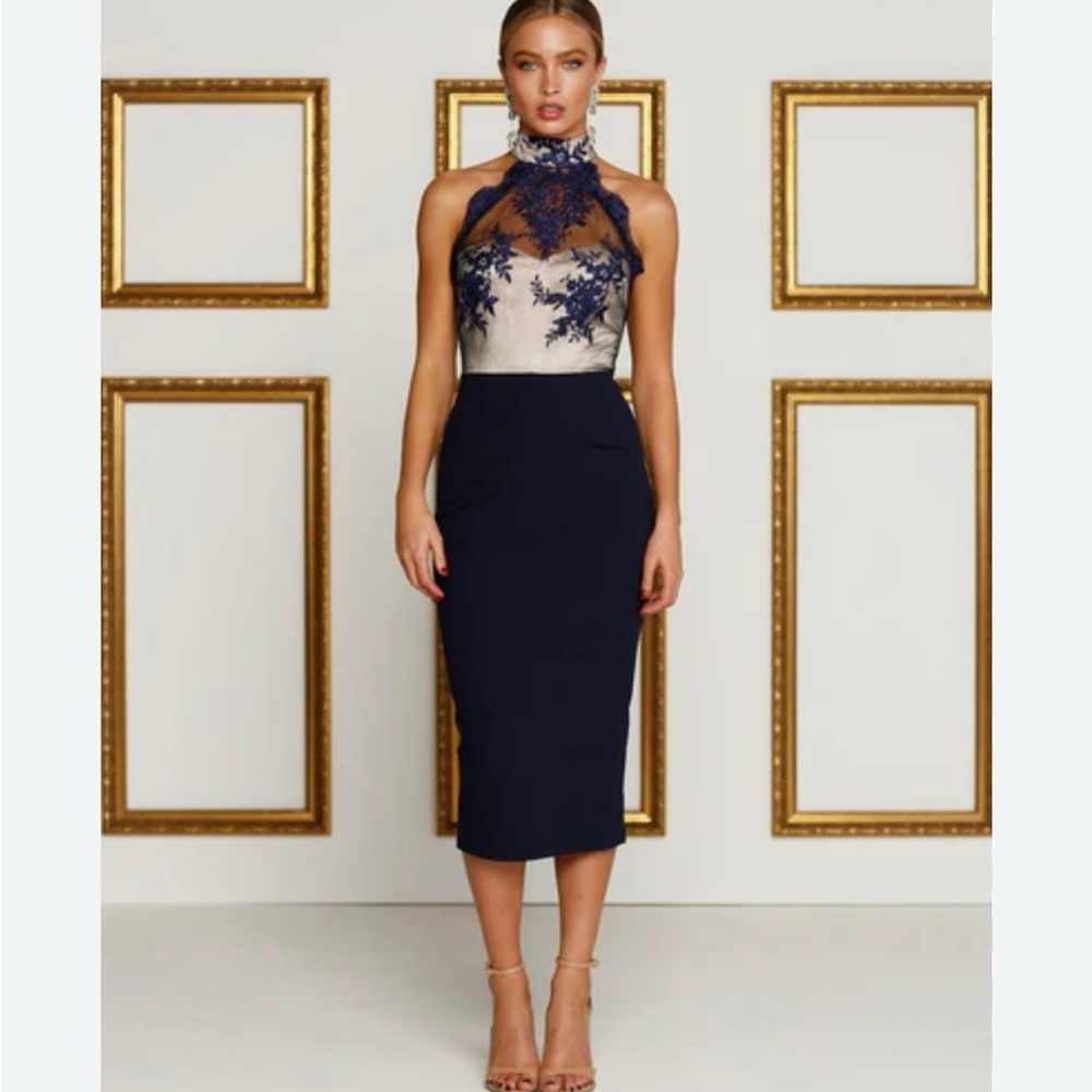 Alamour The Label Navy and Nude Halter Lace Bodice Evening Dress